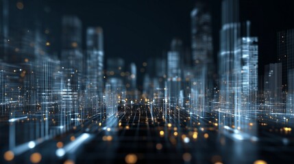 Abstract cityscape of illuminated skyscraper model made of digital light points representing data governance, policy, architecture and secure information flow.