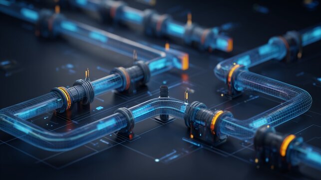 Futuristic transparent pipeline network with connector node and glowing data flow, symbolizing orchestration data pipeline. etl for automated data movement and processing.