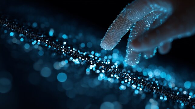 Finger interacting with glowing data point on dark surface, symbolizing data governance and data stewardship control and oversight.