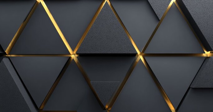 Abstract geometric wall featuring textured gray triangles with glowing gold highlights