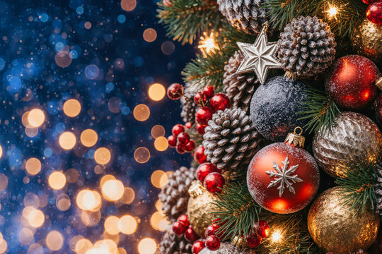 Festive christmas tree ornaments and twinkling lights