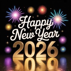 Happy New Year 2026 with golden numbers and vibrant fireworks celebration