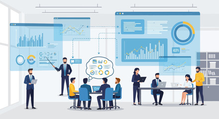 Fototapeta premium Dynamic team strategizing data insights for business growth in modern office, presenting analytics and collaborating for success in a vibrant environment