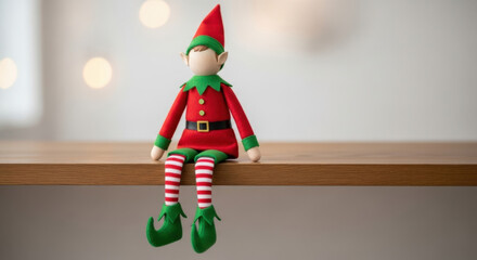 Naklejka premium Blank face wooden toy Christmas elf doll sitting on empty shelf with bokeh lights in background. Copy space