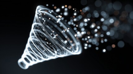 Spiral of illuminated particle representing conversion funnel optimization, data flow and user journey visualization.