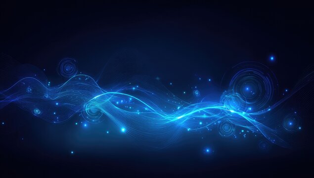 Abstract, glowing, wavy blue lines with circles and sparkling dots against a dark background