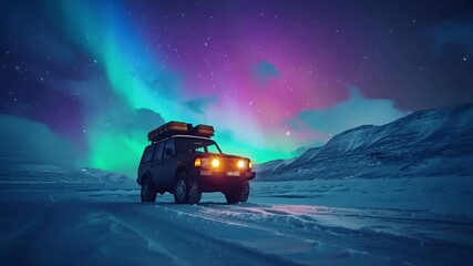 Aurora Borealis digital artwork featuring a rugged offroad vehicle on a snowy terrain under a starry night sky. The vehicle is equipped with a roof rack.