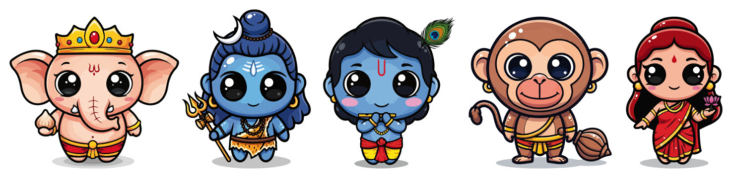 Set of cute kawaii Hindu gods Ganesha Shiva Krishna Hanuman and Lakshmi vector characters