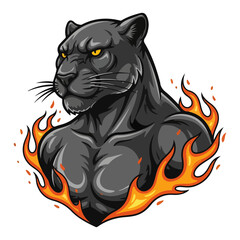 Powerful black panther head mascot with flames vector illustration for sport team logo