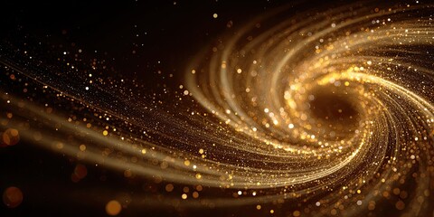 Abstract golden swirl with sparkling particles on dark backdrop, creating an ethereal, dynamic flow