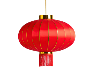 Red paper lantern with golden accents, hanging on a black background
