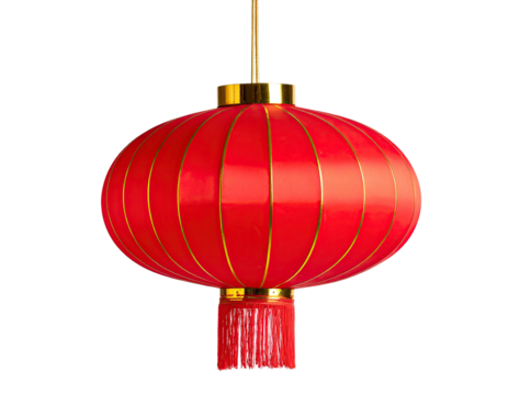 Red paper lantern with golden accents, hanging on a black background