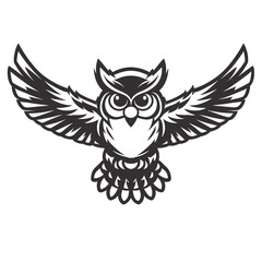 Stylized owl with spread wings, black and white, isolated graphic illustration, vector art isolated on white background, Vector, illustration
