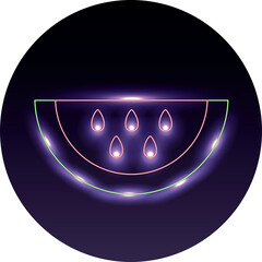 Abstract Illustration Of A Watermelon Slice In Purple Hues With Glowing Seeds Set Against A Dark Circular Background