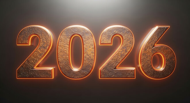 Metallic textured year two thousand twenty six with orange glow outline - Powered by Adobe