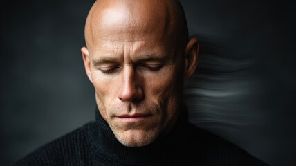 Obraz premium medium portrait of a bald middle-aged man with serious face, head slightly bowed in quiet resolve, moody indoor light, dark neutral background