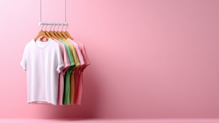 A vibrant collection of colorful t-shirts is neatly hung on a rack against a soft pink backdrop, epitomizing fashion diversity and contemporary style for casual wear.