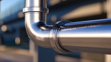 Close-up of a shiny stainless steel pipe joint under a modern industrial structure with blurred background