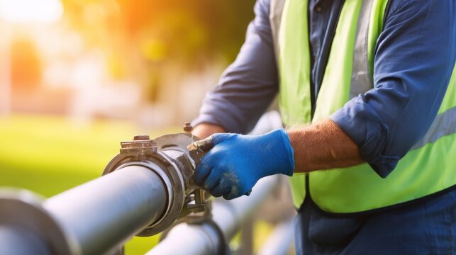 Worker in safety gear tightening a pipe fitting in a sunlit outdoor setting with blurred greenery