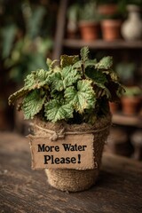 Dry Indoor Plant With Cute Hydration Reminder. Nature depends on us. Responsibility, fragility of life. 