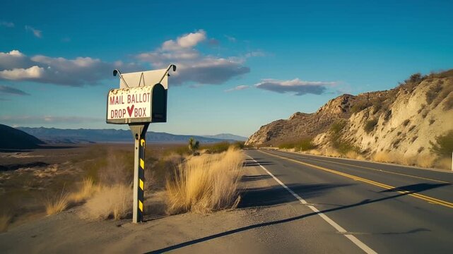 A photograph of a road with a mailbox on the side, set against a backdrop of a clear blue sky with fluffy white clouds.