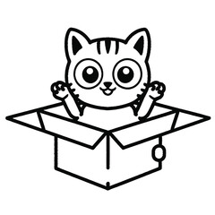 Cute cartoon cat waving from inside a cardboard box, black and white line art illustration isolated on white background, Vector, illustration