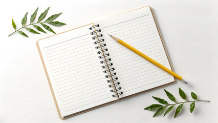 Inspiring open notebook with yellow pencil ready for fresh ideas and botanical accents, perfect for creative projects and mindfulness journals