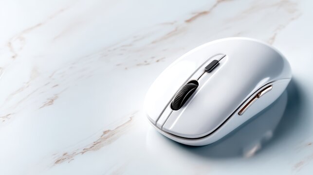 A sleek, modern white computer mouse positioned on an elegant surface, illustrating a blend of technology and design, appealing to tech enthusiasts and minimalism fans.