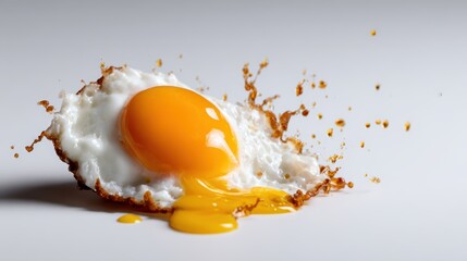 An eye-catching image of a raw egg cracking with yolk spilling, creating a dynamic splash, symbolizing the essence of cooking and the beauty found in simplicity.