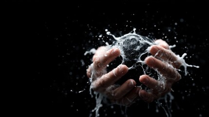 Dramatic hands hold a stone in a splash of water, symbolizing a clash between solid and liquid, showcasing high energy and emotion in a captivating moment frozen in time.