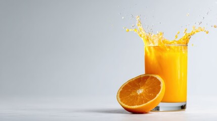 A glass of fresh orange juice with a dramatic splash captures the energizing essence of the drink, evoking feelings of refreshment and vitality.