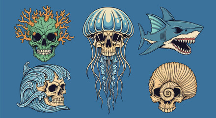 Dive into the Depths with Marine Skull Designs: Shark, Jellyfish, Coral, Wave, Shell Skulls for Tattoo Art & Ocean Themed Graphics