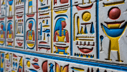 Close-up of Painted Egyptian Hieroglyphs on Wall