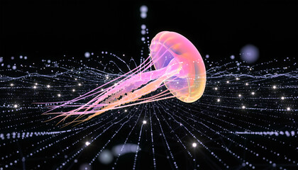 Neon Jellyfish Over Digital Data Network Grid