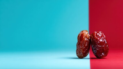 This artistic image showcases dates positioned against a split background of red and blue, symbolizing cultural richness and the unique textures of this nutritious fruit.