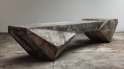 Concrete bench with brutalist, faceted geometric formsminimal, raw texture and industrial sculptural presence for modern interiors or urban exterior settings, no people
