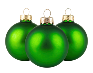 Three glossy, emerald-green Christmas baubles with gold caps against a black background