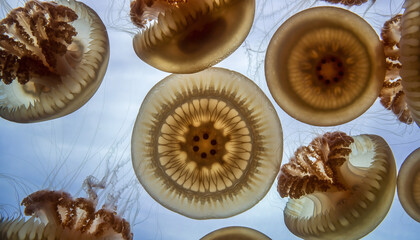 Cluster of Jellyfish Viewed from Underwater Low Angle