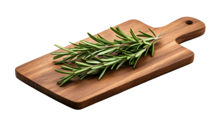 Fresh rosemary sprigs on wooden board with transparent background