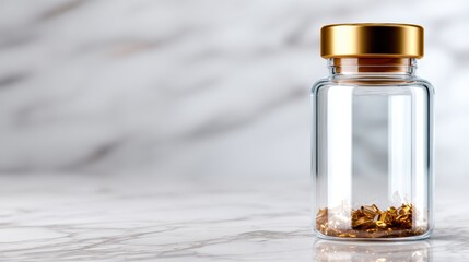 A stylish glass jar with a golden lid filled with sparkling gems, resting on a luxurious marble surface, representing luxury and elegance in design.
