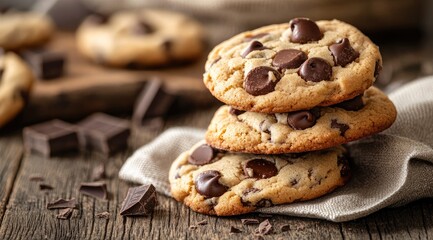Stacked chocolate chip cookies on a wooden table (2)