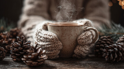 Cozy winter scene of person holding a steaming mug, wrapped in a warm sweater, surrounded by pinecones.