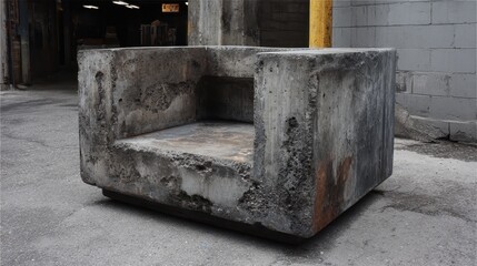 Brutalist concrete armchair sculpture showing heavy and weathered texture on an urban backdrop, reflecting architectural art, industrial design, and strength concepts