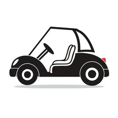 Simple black cartoon golf cart with open top, seats, and steering wheel isolated on white background, Vector, illustration