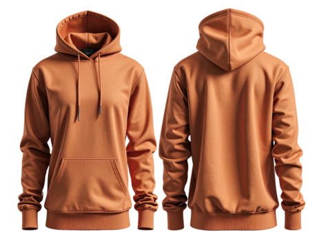 Front and back view of a simple, orange-brown hooded sweatshirt
