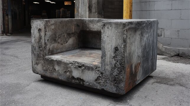 Brutalist concrete armchair sculpture showing heavy and weathered texture on an urban backdrop, reflecting architectural art, industrial design, and strength concepts