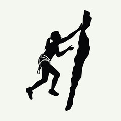 Woman rock climber silhouette ascending a steep, challenging rock face with harness isolated on white background, Vector, illustration