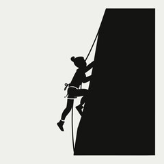 Silhouette of a woman rock climbing up a steep mountain face, active lifestyle isolated on white background, Vector, illustration