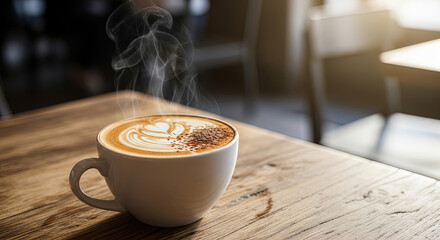 Closeup steaming hot latte beverage cup beautiful delicate foam art design served wooden surface sunny cafe interior warm morning drink