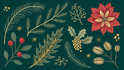 Festive Christmas botanical elements for elegant holiday designs and winter season greetings that bring joy